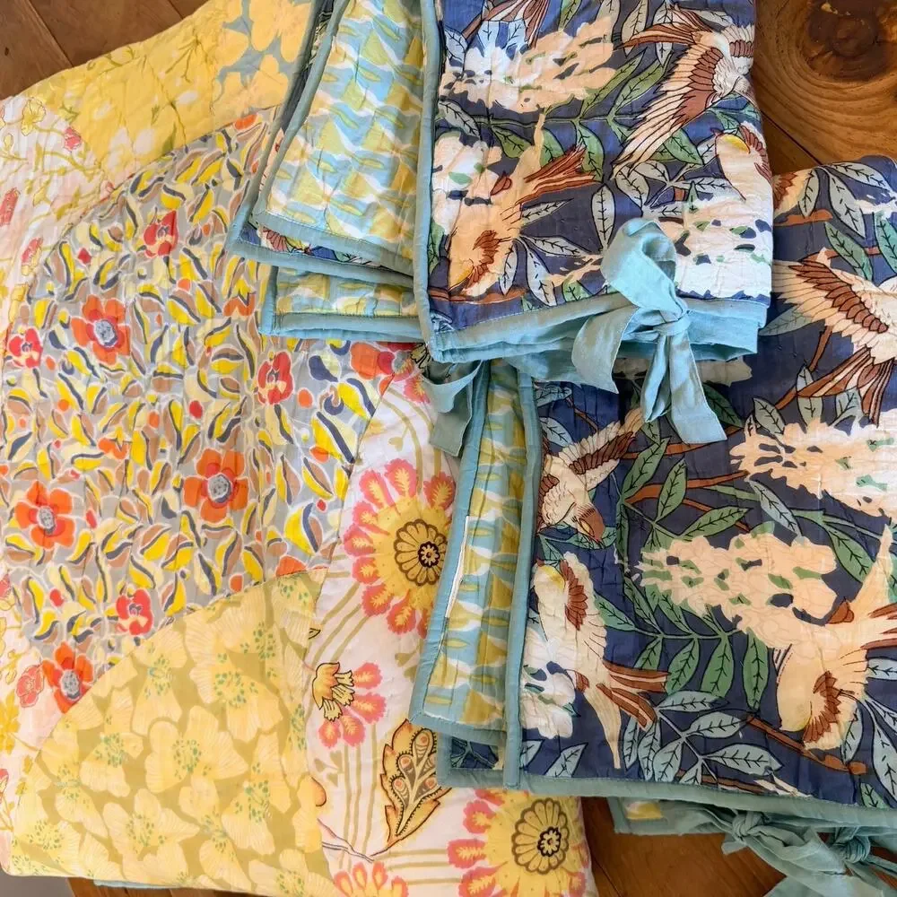 Vintage Pottery Barn King Patchwork Quilt & Shams Bird Floral Cottagecore RARE